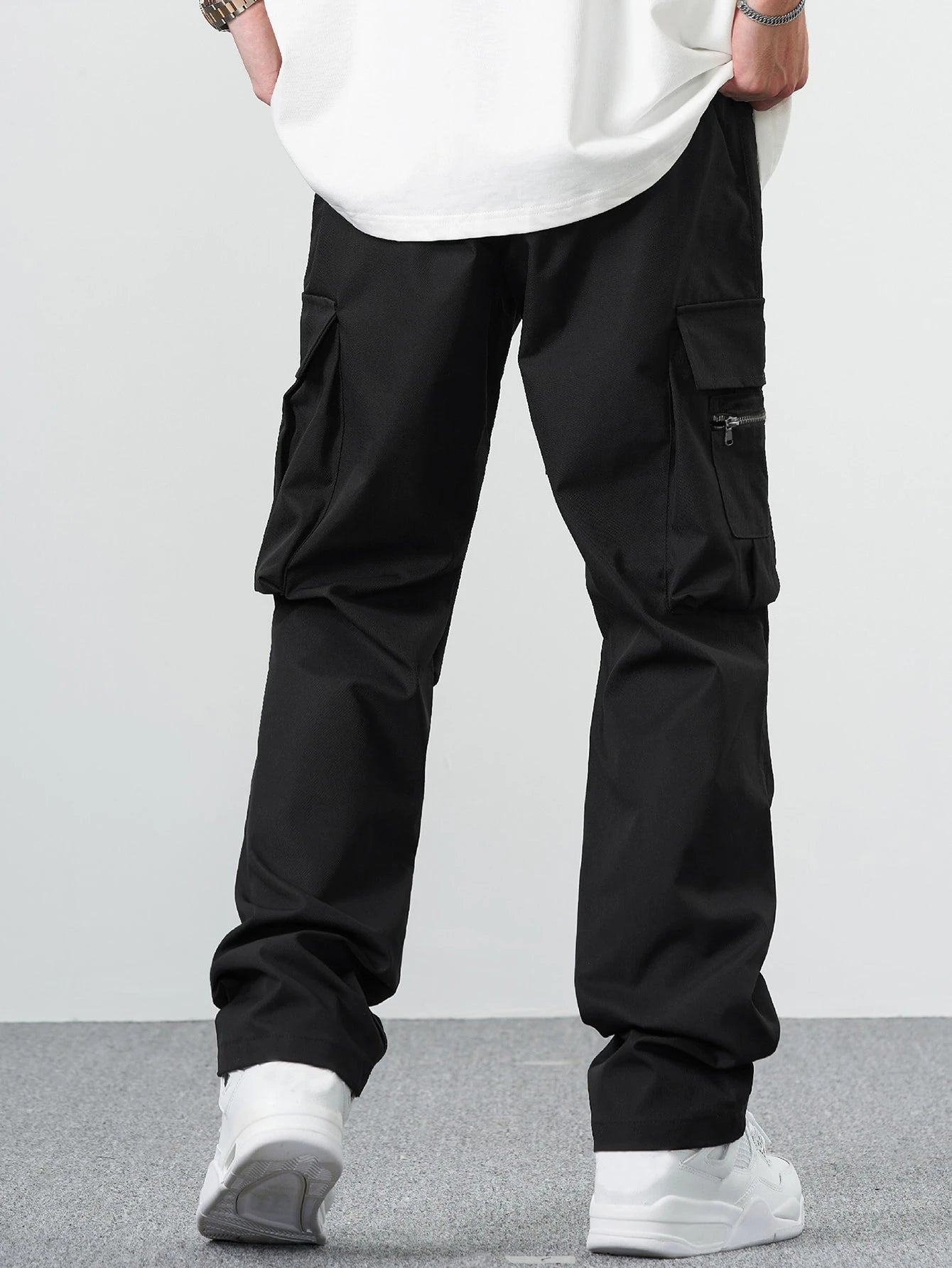 Men Casual Solid Drawstring Waist Cargo Pants, Fall