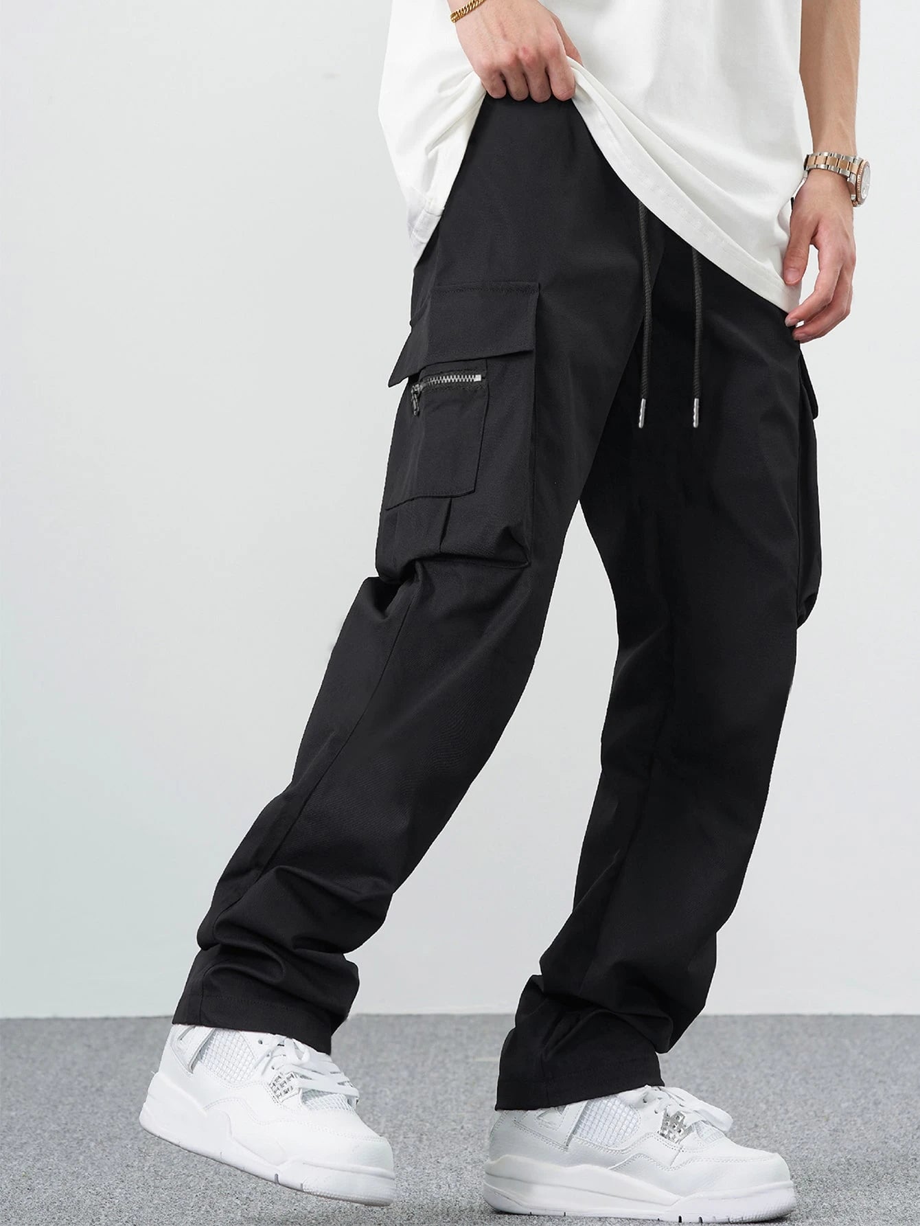 Men Casual Solid Drawstring Waist Cargo Pants, Fall