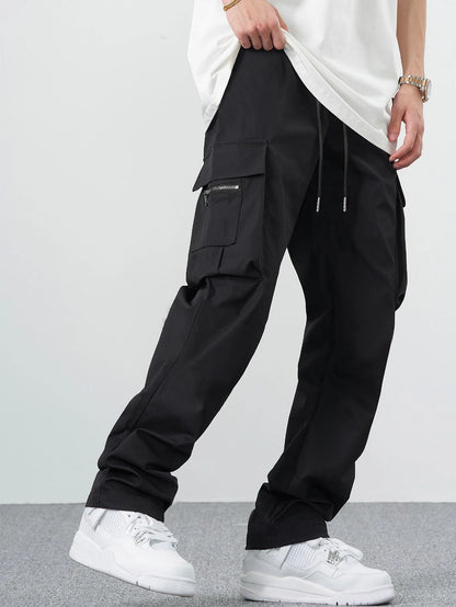 Men Casual Solid Drawstring Waist Cargo Pants, Fall