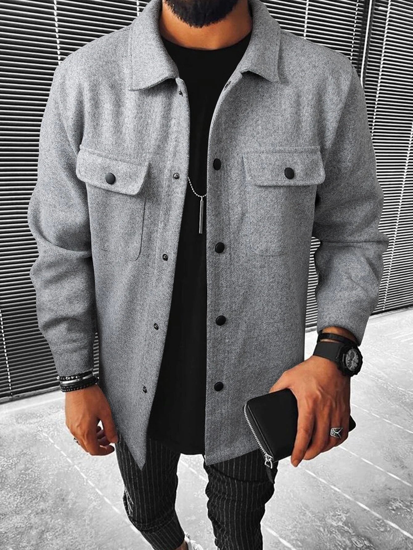 Manfinity Homme Men Long Sleeve Button Front Flap Pocket Going Out Casual Overcoat for Friends , Fall Winter