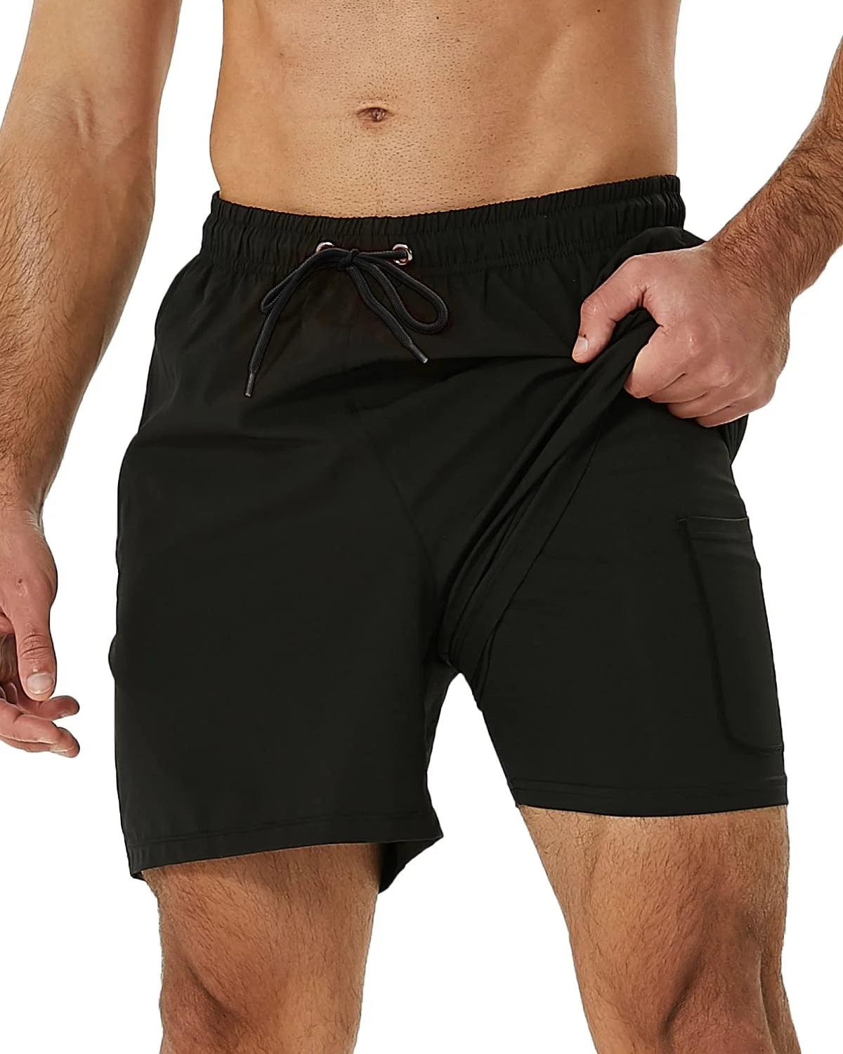 Mens Swim Trunks Stretch Water Beach Shorts with Compression Liner 2 in 1 Quick-Dry Swimming Shorts with Zipper Pockets, Black, L