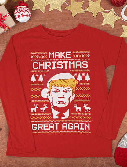 Make Christmas Great Again Sweatshirt Trump Ugly Xmas Sweater Style Long Sleeve Large Red