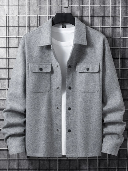Manfinity Homme Men Long Sleeve Button Front Flap Pocket Going Out Casual Overcoat for Friends , Fall Winter