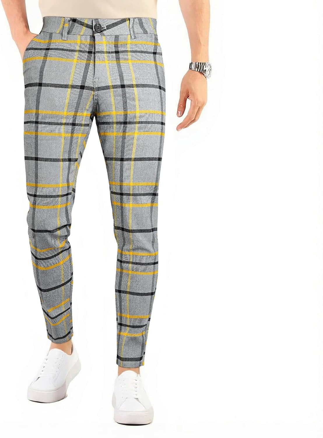 Mens Plaid Dress Pants Stretch Chino Pants Men Slim Fit