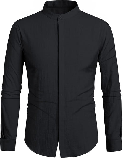 Mens Button up Shirts Linen Beach Long Sleeve Casual Cotton Summer Lightweight Tops